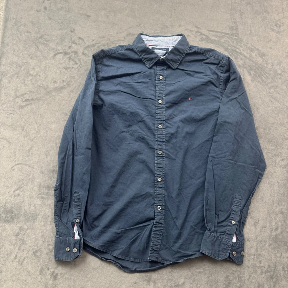 Tommy Hilfiger Mens Large Navy Blue Long Sleeve Button Down Shirt Flag Logo